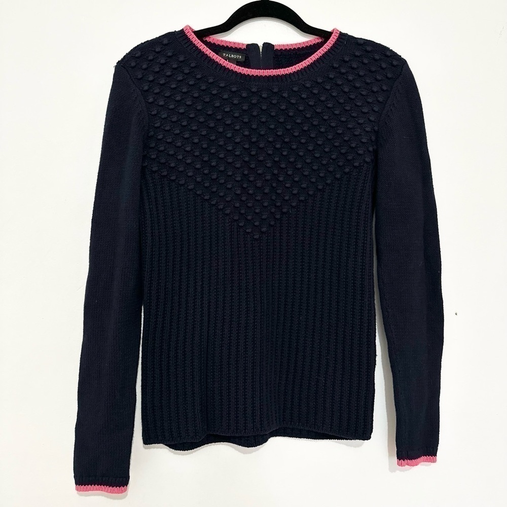 Talbots navy blue Pink Trim ribbed pullover Knit sweater XS